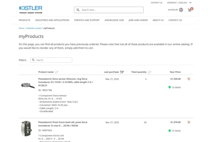 The myProducts feature in your myKistler profile lists all the products your company has purchased from Kistler over the past four years.