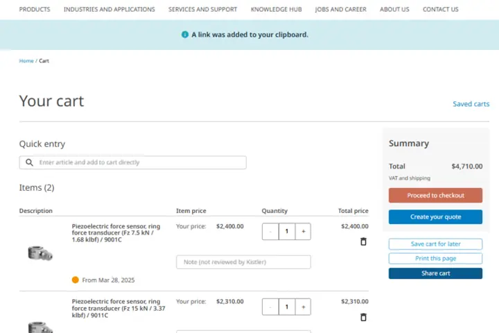Share cart function on myKistler The 'myKistler Share cart' function enables you to share a link to your cart.