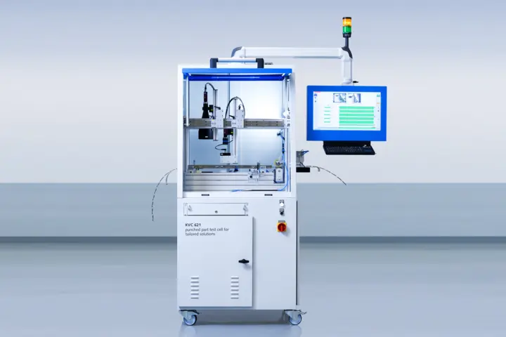 Le système d'essai KVC 621 pour le contrôle à 100 % des matériaux continus dans les processus de poinçonnage fonctionne de manière autonome.