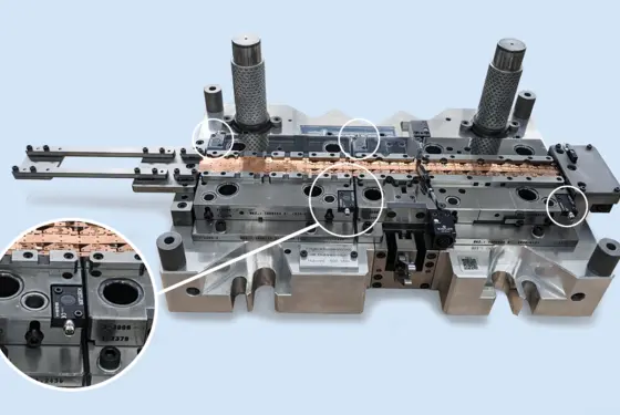 View of stamping tool: The analog inductive sensors are directly integrated to achieve high-precision double sheet control.