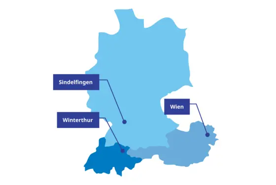 Overview of the DACH region with Kistler's headquarters in Switzerland and locations in Germany and Austria.